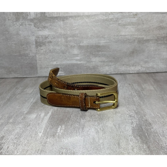 Canvas Web Belt Mens 42 Tan Brown Leather Brass Buckle Navy Stripe Made USA - Picture 1 of 12